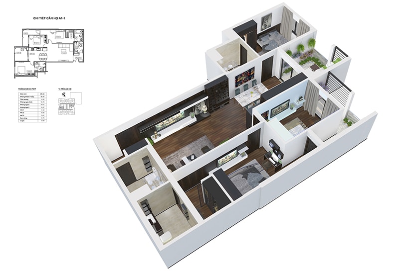Phối cảnh 3D căn hộ 3 ngủ sân vườn Dự án Chung cư HPC Landmark 105