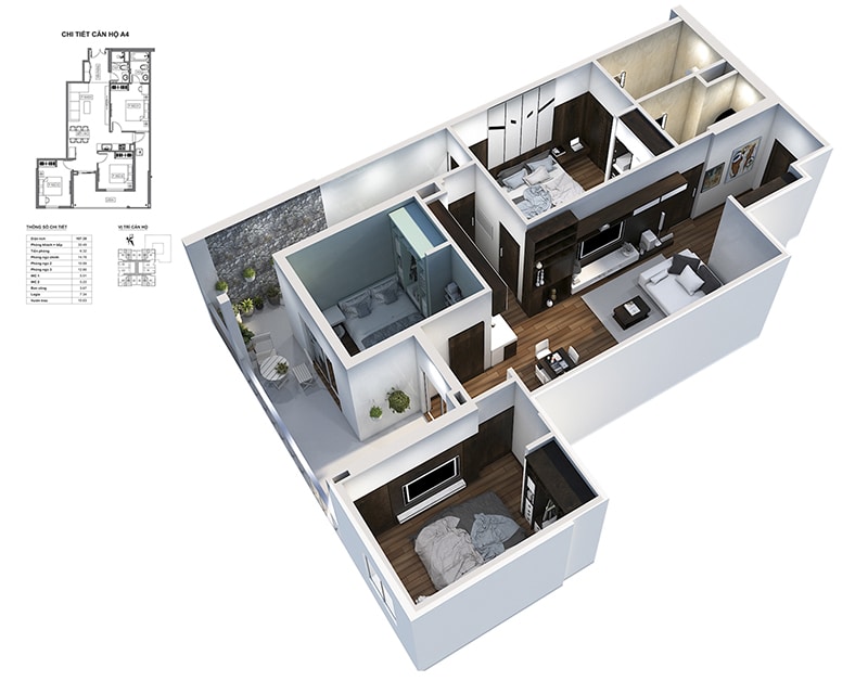 Phối cảnh 3D căn hộ 2 ngủ Dự án Chung cư HPC Landmark 105