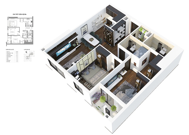 Phối cảnh 3D căn hộ 2 ngủ thường Dự án Chung cư HPC Landmark 105