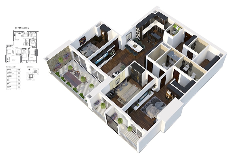 Phối cảnh 3D căn hộ 3 ngủ 3 ban công Dự án Chung cư HPC Landmark 105