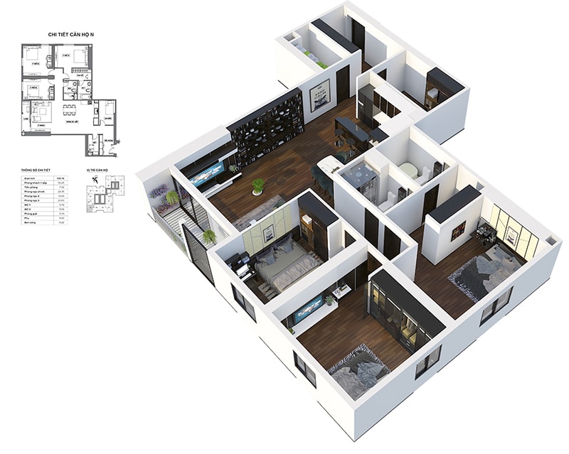 Phối cảnh 3D căn hộ góc 3 ngủ Dự án Chung cư HPC Landmark 105
