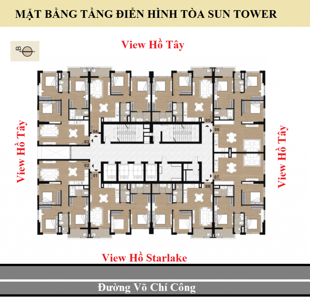 Mặt bằng Tòa Sun Tower Dự án Chung cư Tây Hồ Residence bố trí 08 căn hộ / sàn