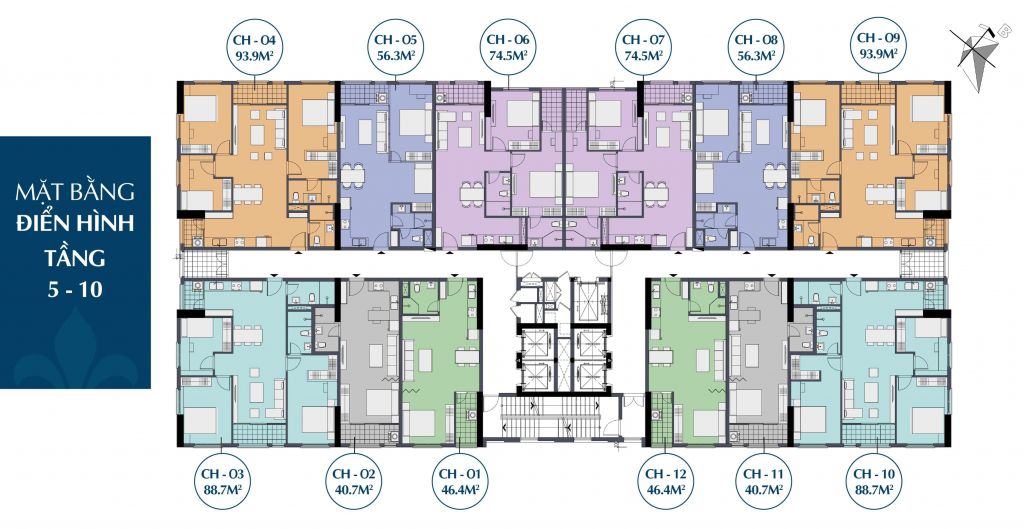 Mặt bằng điển hình tầng 5-10 căn hộ chung cư Le Capitole 27 Thái Thịnh 2020