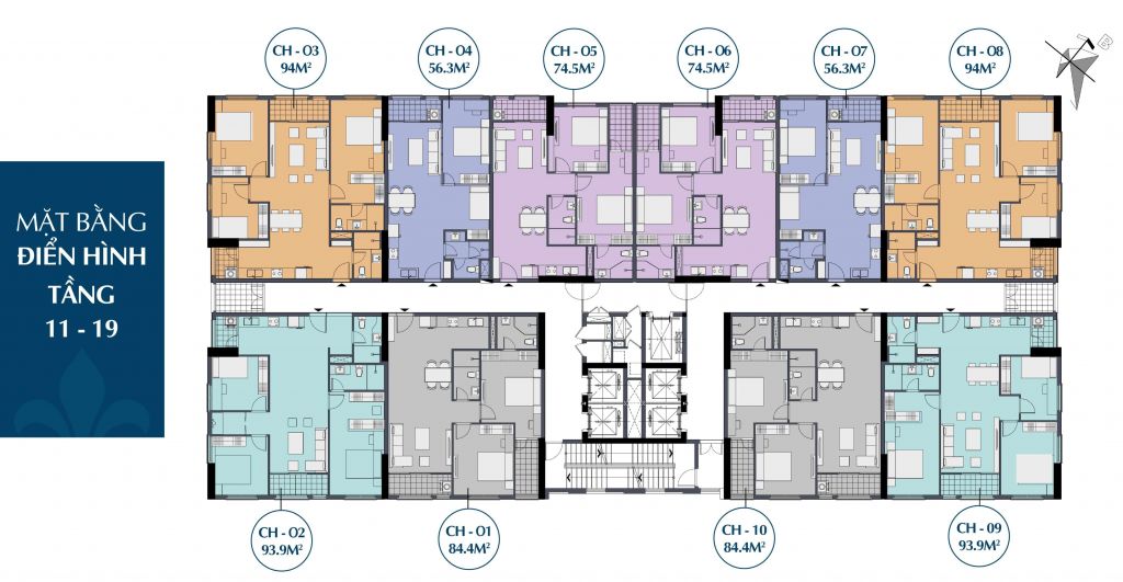 Mặt bằng điển hình tầng 11-19 căn hộ chung cư Le Capitole 27 Thái Thịnh 2020