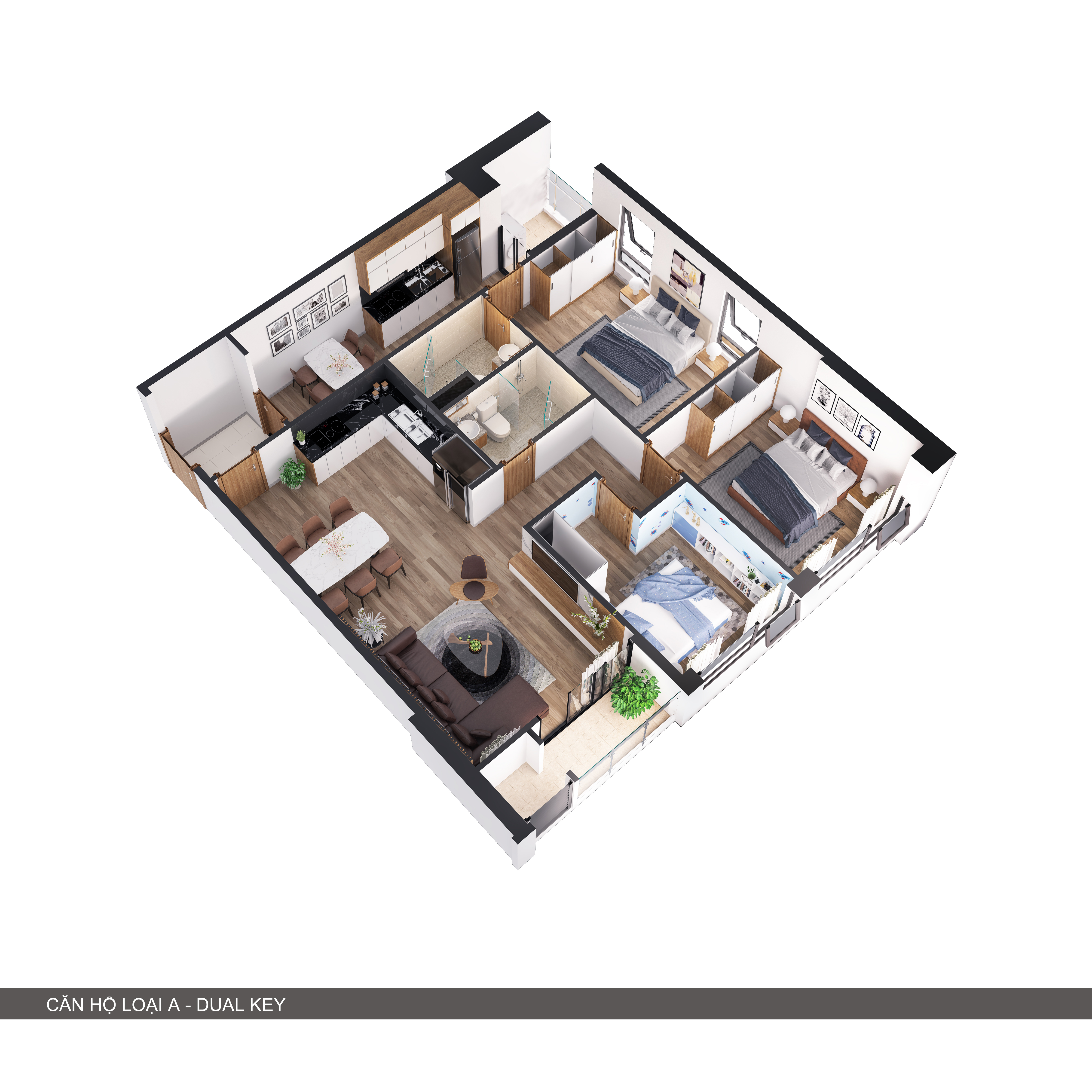 3D căn hộ 2 trong 1 có 3 phòng ngủ + 2 bếp