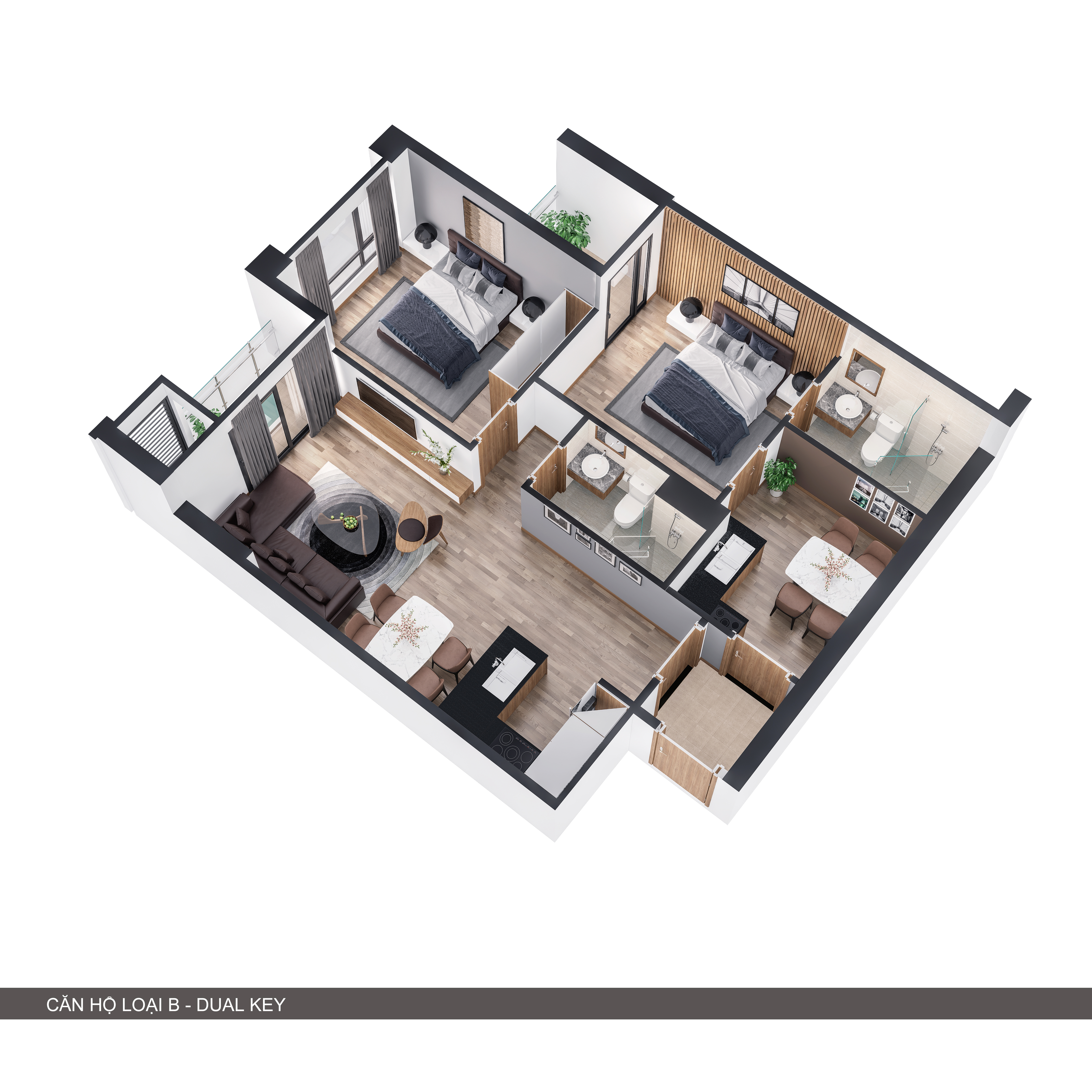 Phối cảnh 3D căn hộ 2 trong 1 có 2 phòng ngủ + 2 bếp