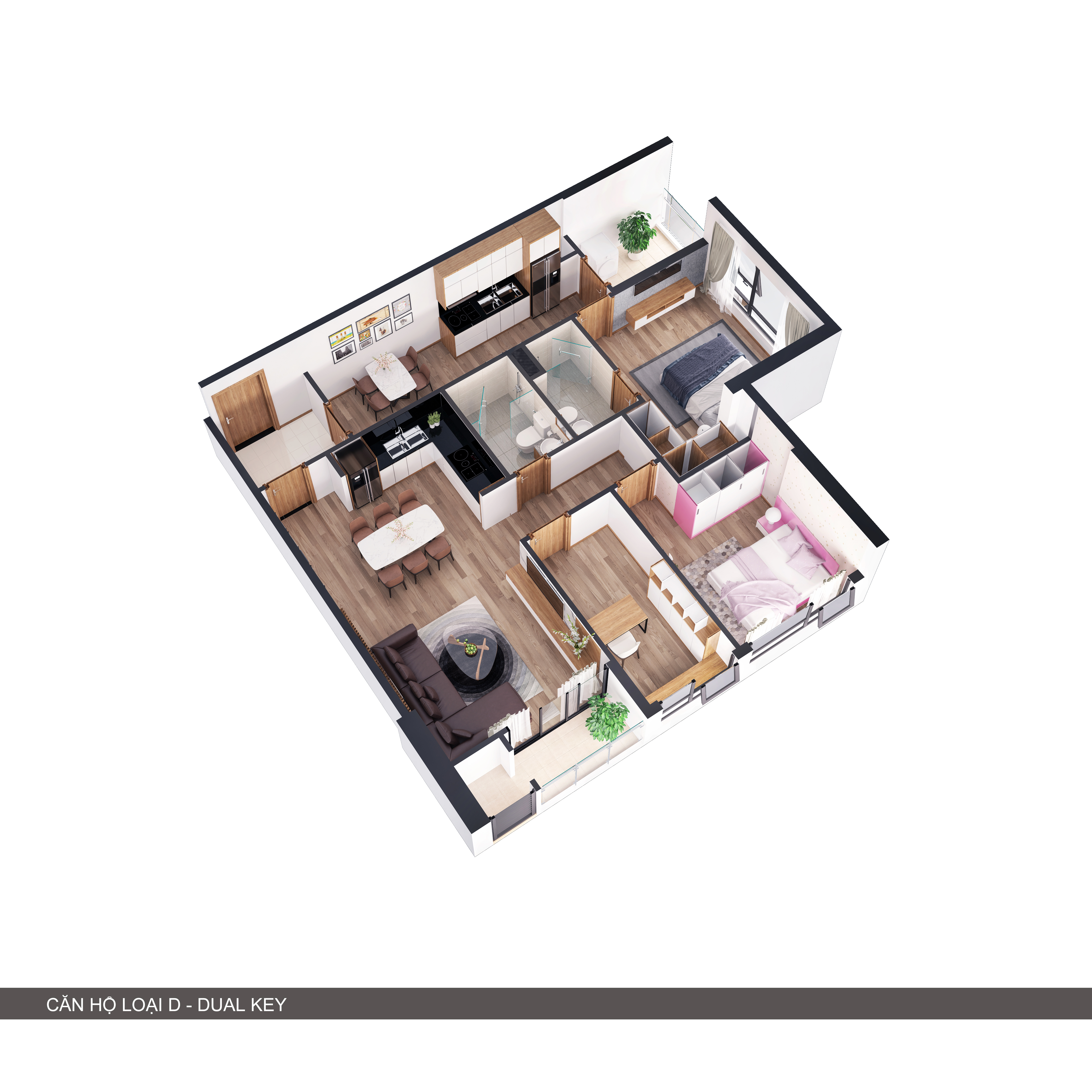 Phối cảnh 3D căn hộ 2 trong 1 có 3 phòng ngủ + 2 bếp