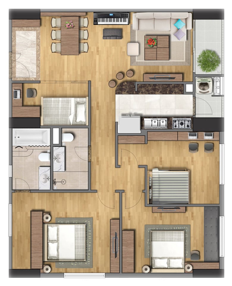 thiết kế căn hộ 4 phòng ngủ