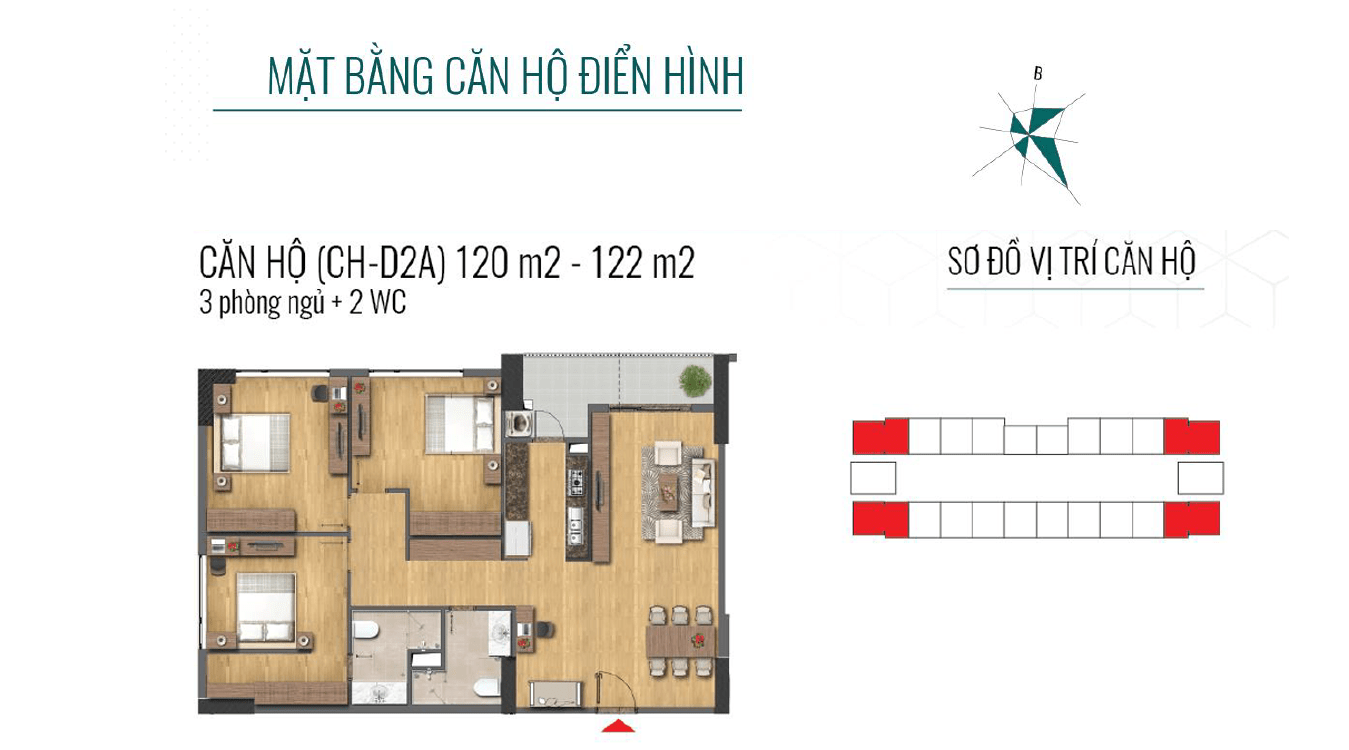 Thiết kế chi tiết căn hộ góc 3 phòng ngủ + 2 vệ sinh 120m2-122m2 thông thủy