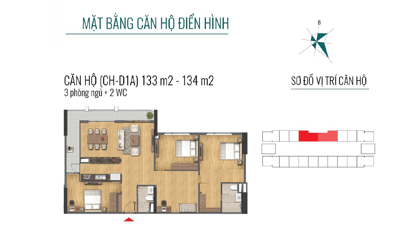 Thiết kế chi tiết căn hộ 3 phòng ngủ + 2 vệ sinh 133m2-134m2 thông thủy