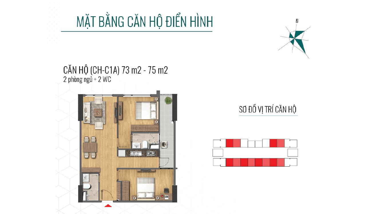 Thiết kế chi tiết căn hộ 2 phòng ngủ + 2 vệ sinh 73m2-75m2 thông thủy