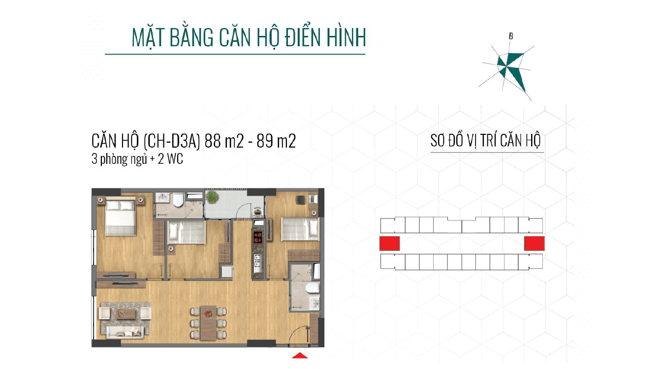 Thiết kế chi tiết căn hộ 3 phòng ngủ + 2 vệ sinh 88m2-89m2 thông thủy