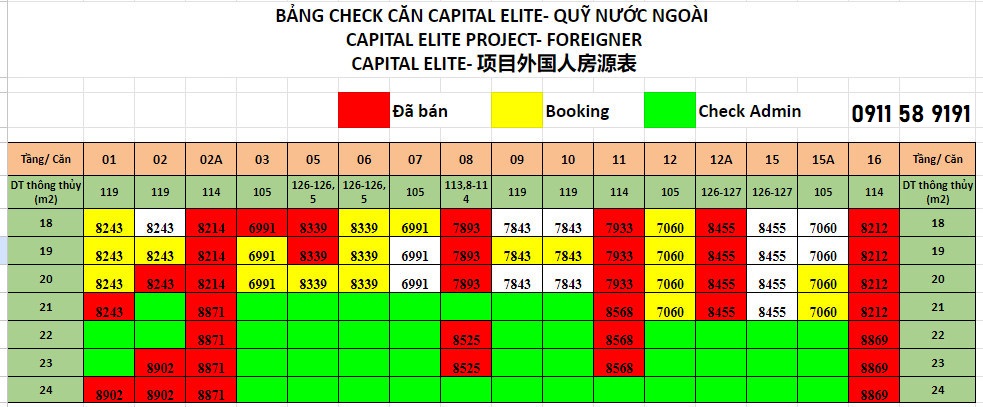 Bảng giá Tầng 18-19-20-21 Dự án Capital Elite