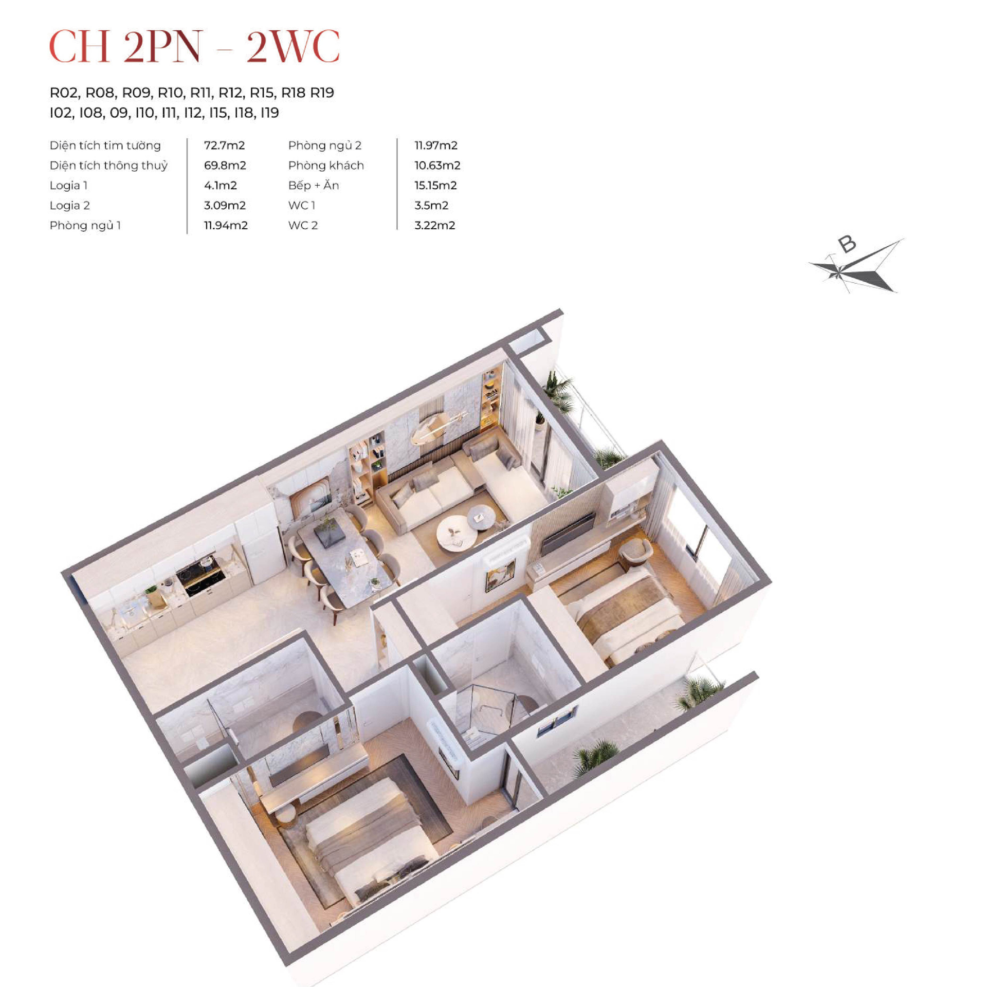 Bóc mái Thiết kế 3D căn hộ 2 phòng ngủ 2 vệ sinh 68,8m2 VIC Grand Square