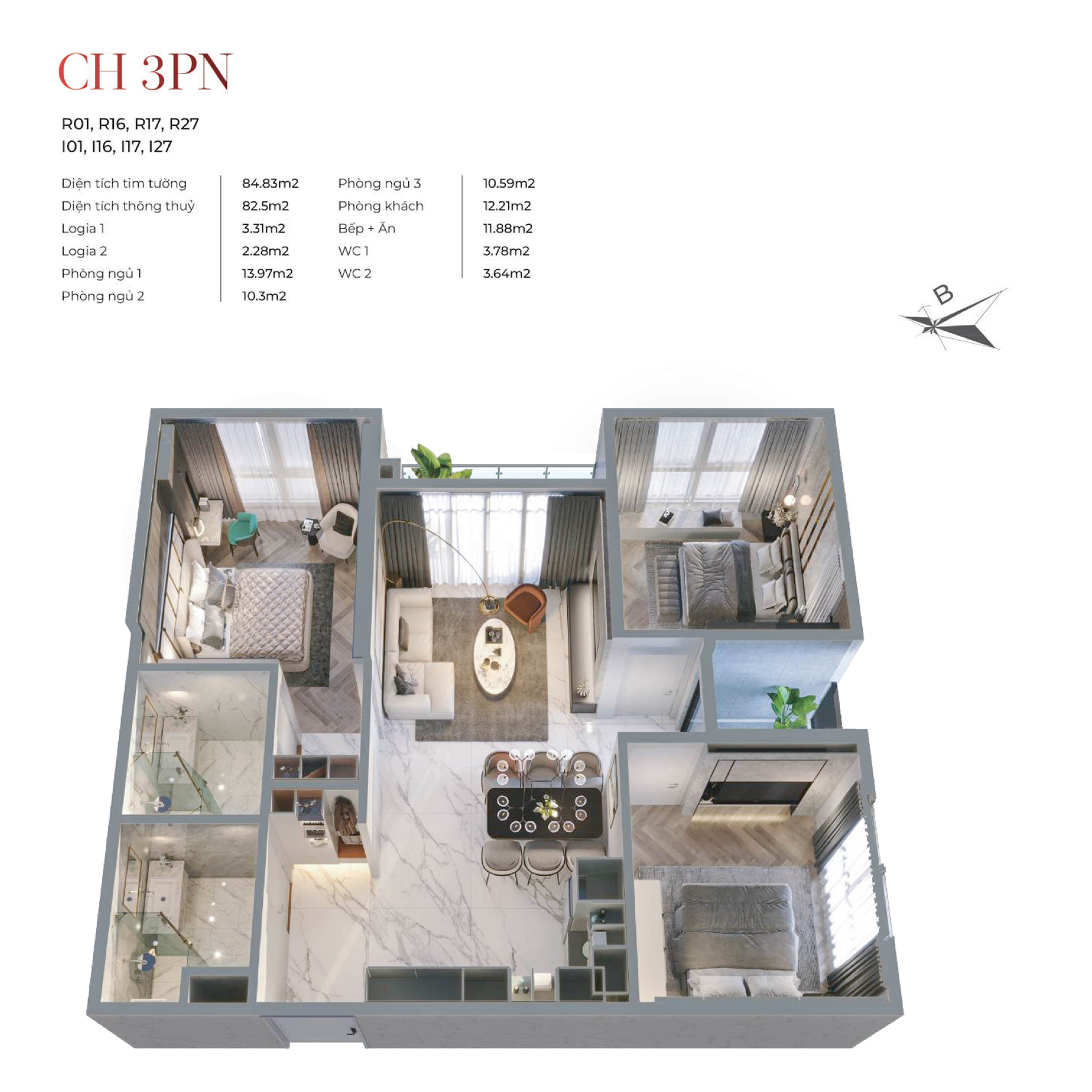 Bóc mái Thiết kế 3D căn hộ 3 phòng ngủ 2 vệ sinh 82,5m2 VIC Grand Square