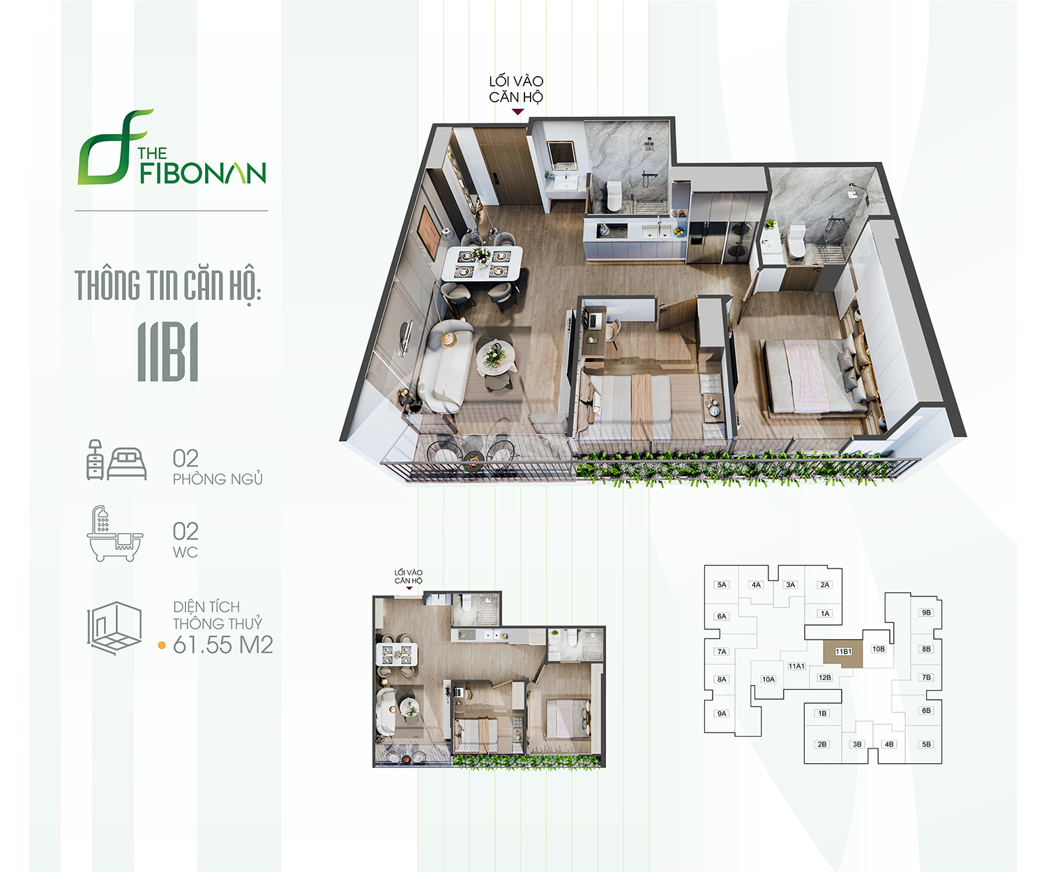 Thiết kế căn hộ The Fibonan với logia kéo dài từ phòng khách đến hết 2 phòng ngủ.
