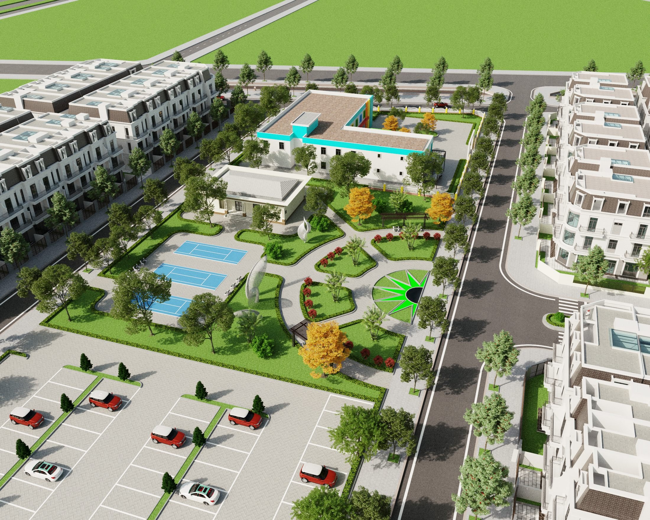 Khuôn viên cây xanh và Bãi đậu xe nội khu Dự án Tân Thanh Elite City Hà Nam