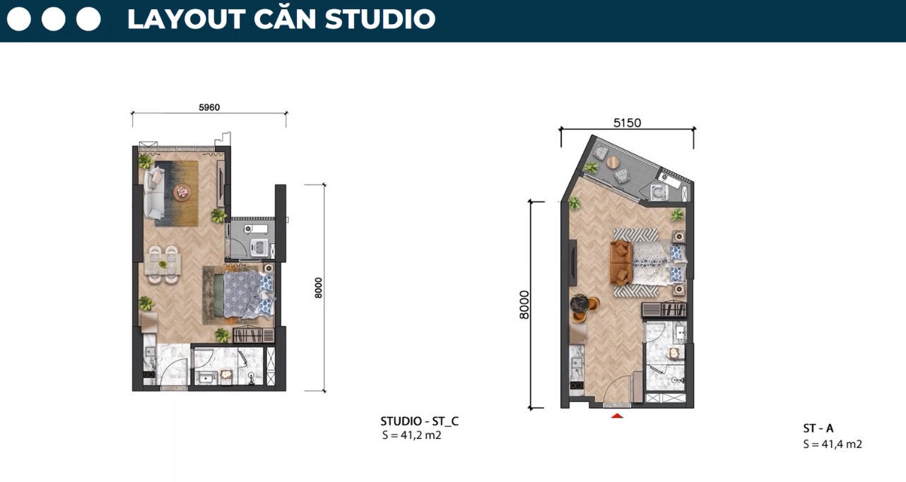Ví dụ Layout thiết kế 1 căn Studio diện tích 41,2m2