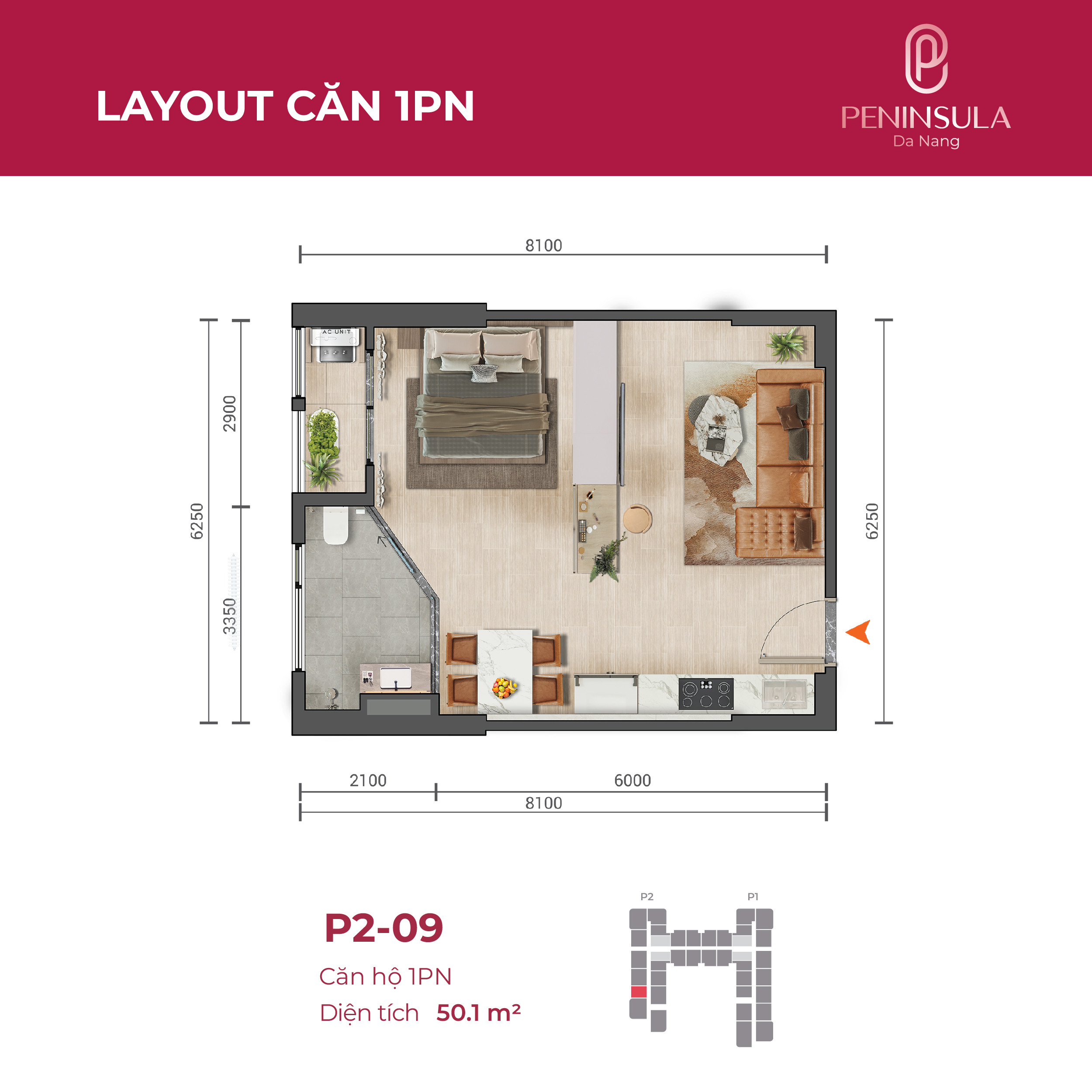 Layout căn hộ 1 phòng ngủ Dự án Peninsula Đà Nẵng