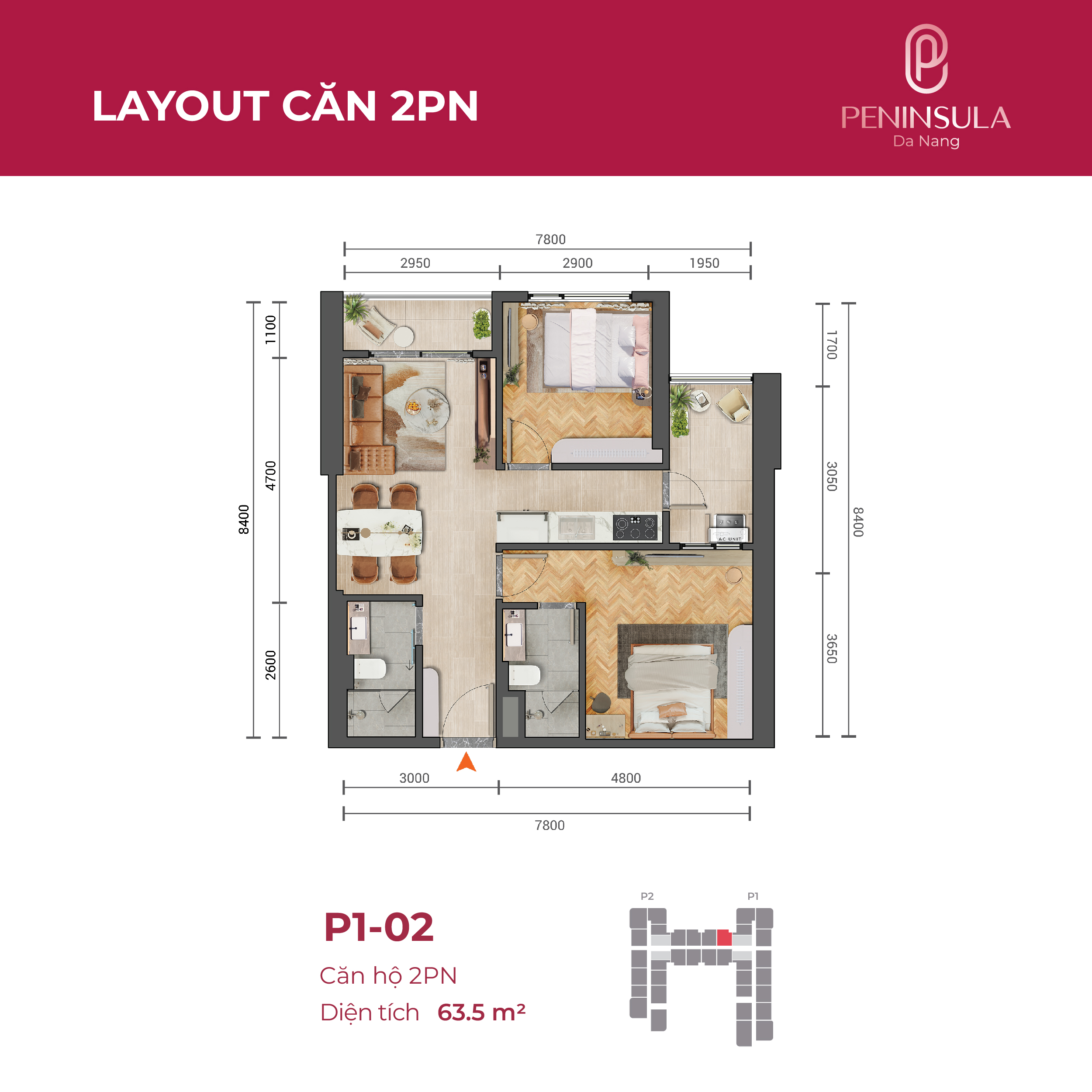 Layout căn hộ 2 phòng ngủ Dự án Peninsula Đà Nẵng