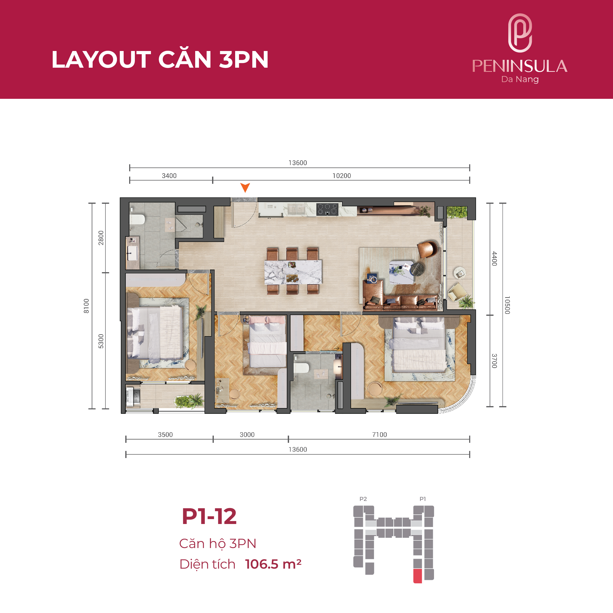 Layout căn hộ 3 phòng ngủ Dự án Peninsula Đà Nẵng