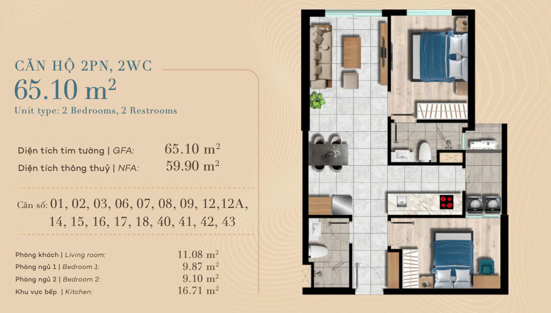 Căn hộ 2 ngủ 2 vệ sinh diện tích 65,10m2 giá bán chỉ từ hơn 2,8 tỷ