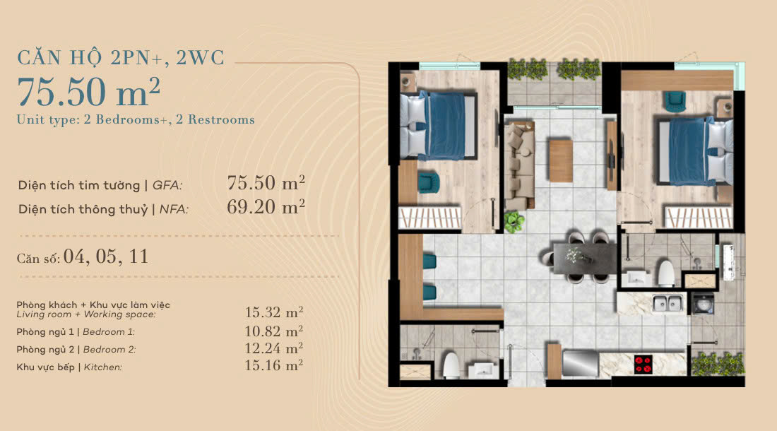 Căn hộ 2 ngủ 2 vệ sinh diện tích 75,50m2 giá bán chỉ từ hơn 3,5 tỷ