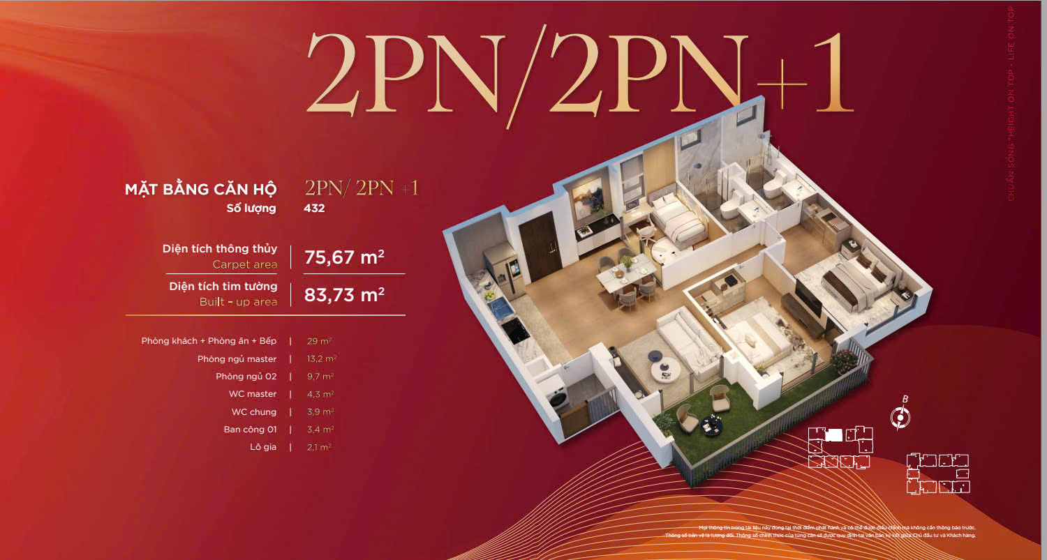 Căn hộ 2 phòng ngủ và 2 phòng ngủ + 1 Diamond Hill Thái Nguyên