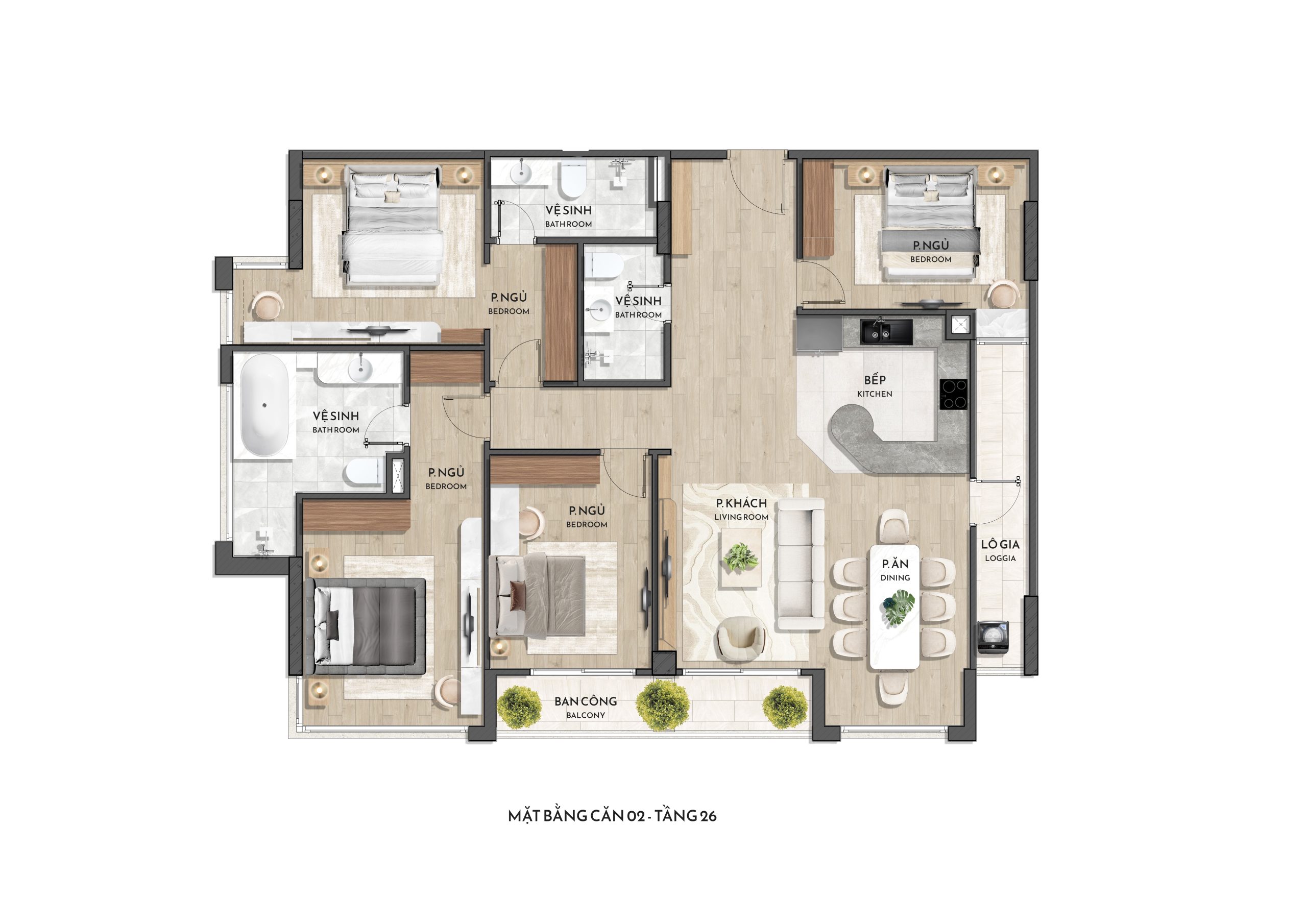 Căn hộ 04 phòng ngủ, 02 master room diện tích thông thủy 154,9m2