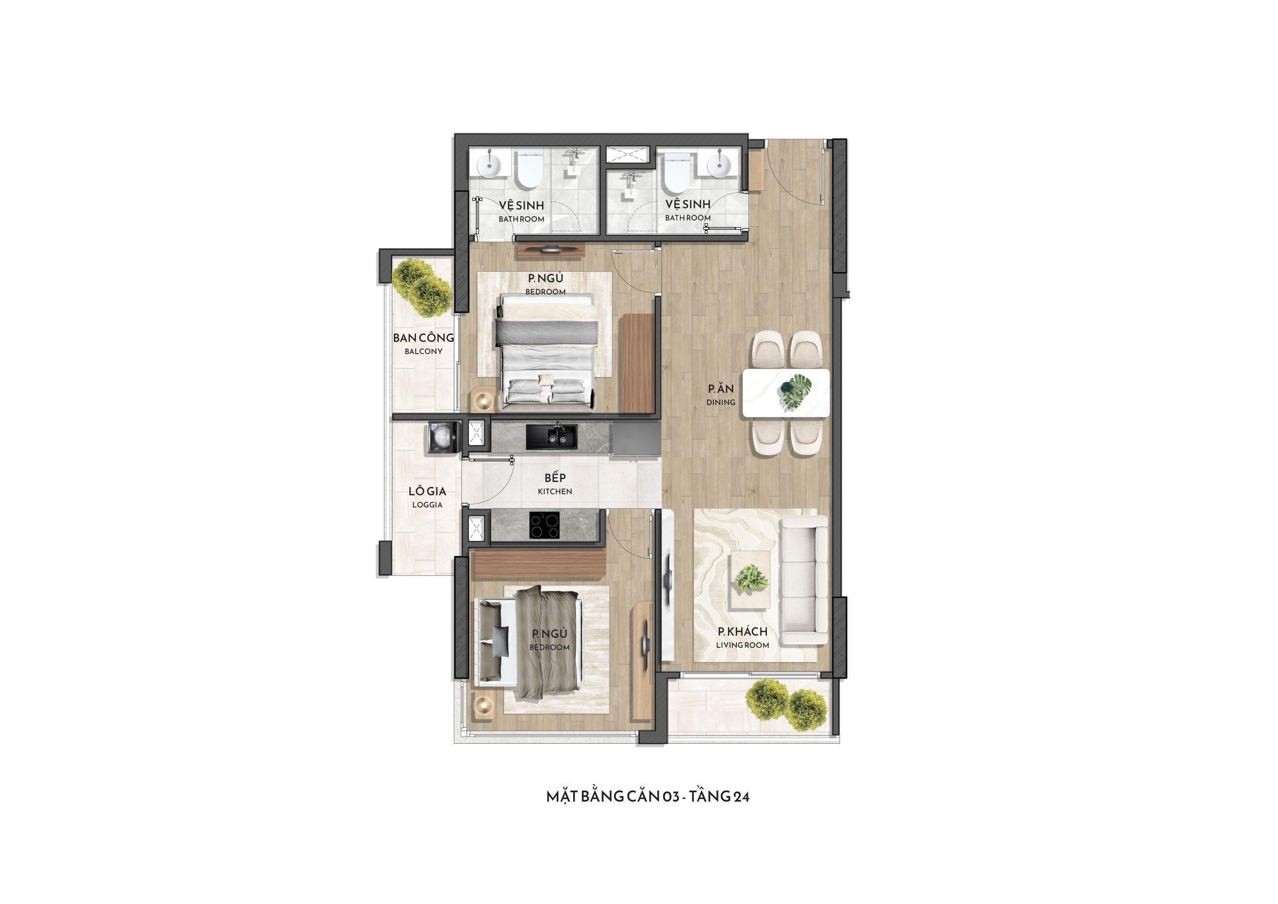 Căn hộ 02 phòng ngủ, 03 ban công - lô gia diện tích thông thủy 81,2m2