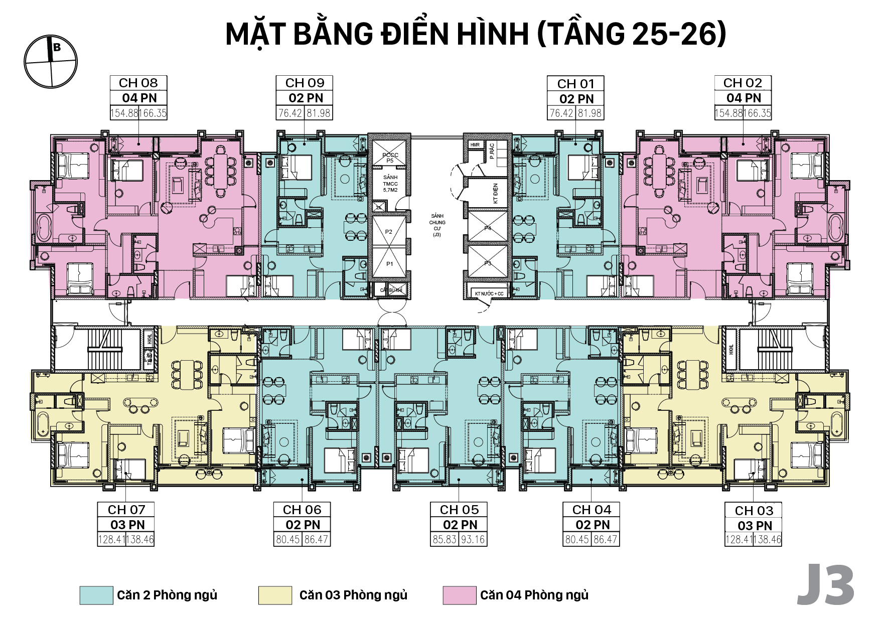Thiết kế Mặt bằng tầng điển hình Tòa J3 Tầng 25 đến 26 Jade Square
