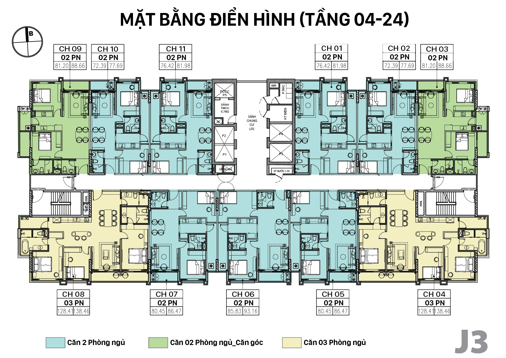Thiết kế Mặt bằng tầng điển hình Tòa J3 Tầng 04 đến 24 Jade Square
