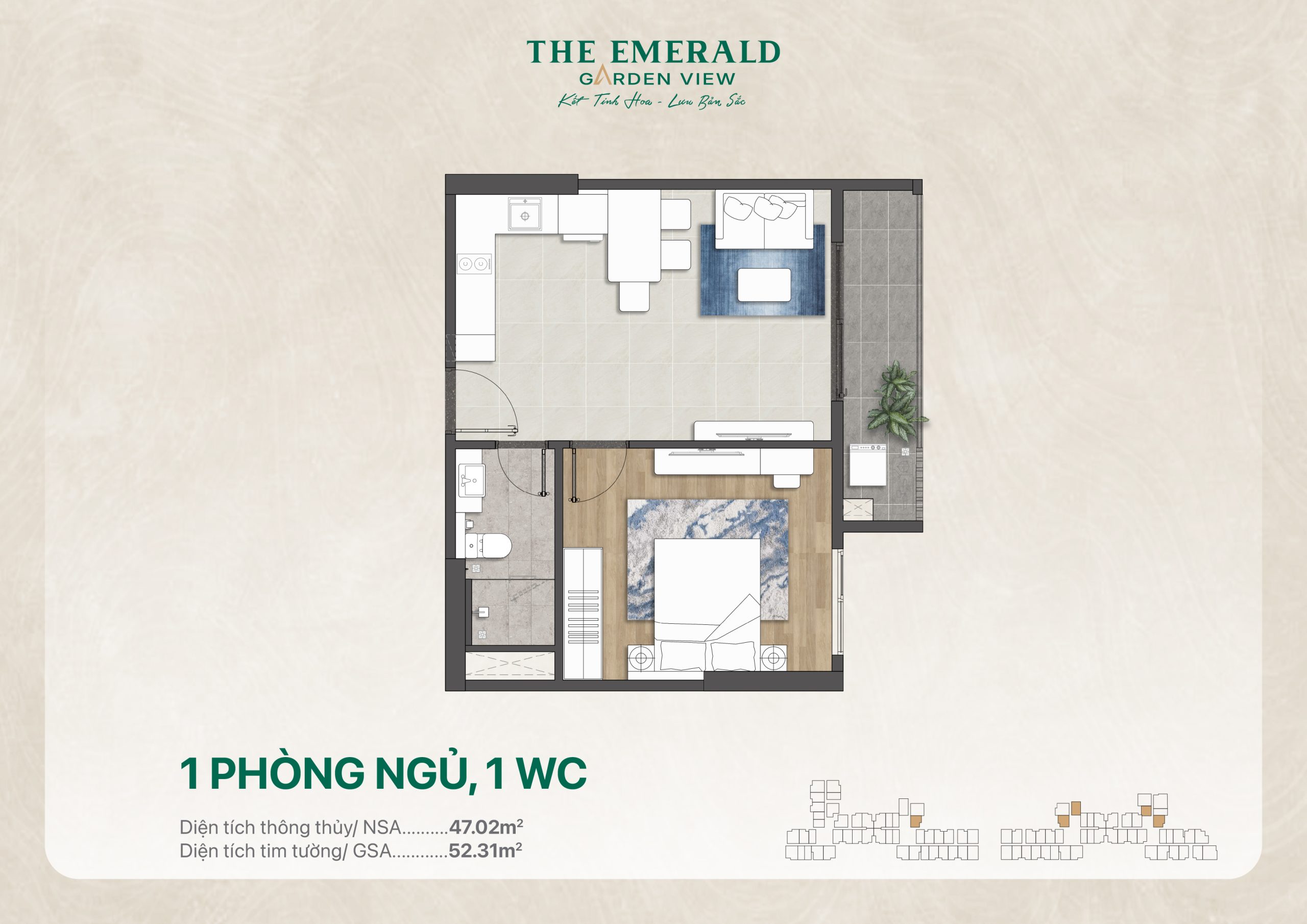 Căn hộ 1 phòng ngủ 1 vệ sinh có diện tích thông thủy từ 47m2