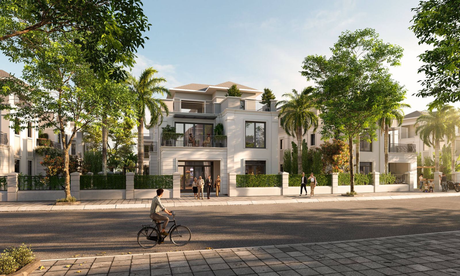 Biệt thự KĐT Sinh thái Chánh Mỹ có diện tích đất ở từ 322m2 đến 359m2, xây dựng 3 tầng, hoàn thiện mặt ngoài.