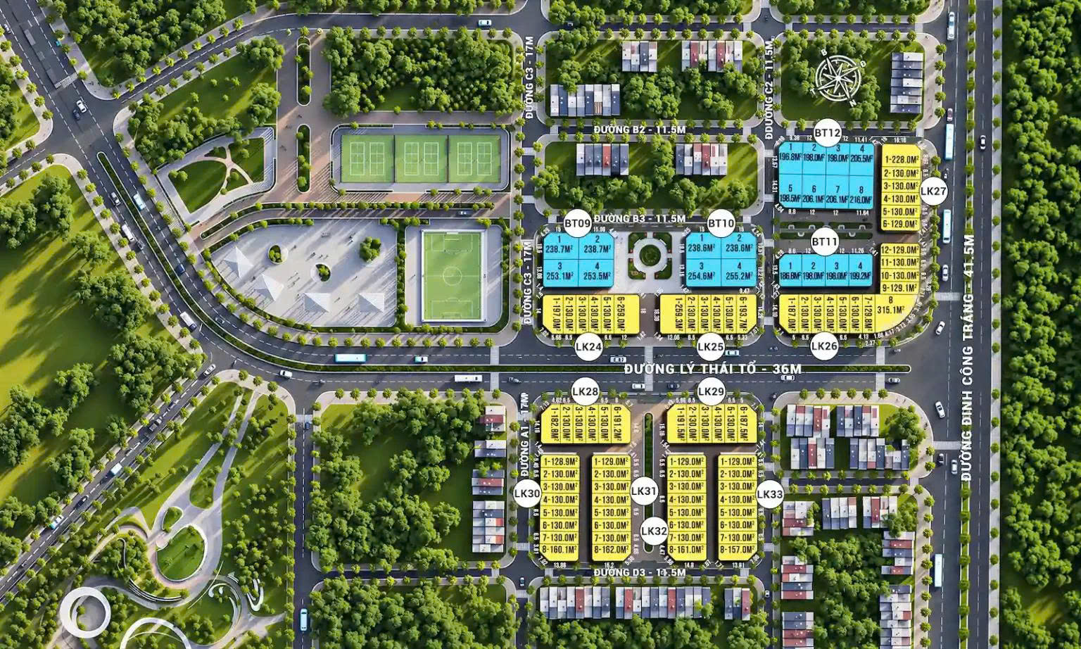 Mặt bằng phân lô 74 liền kề (màu vàng) + 20 biệt thự (màu xanh dương) HUD Châu Sơn